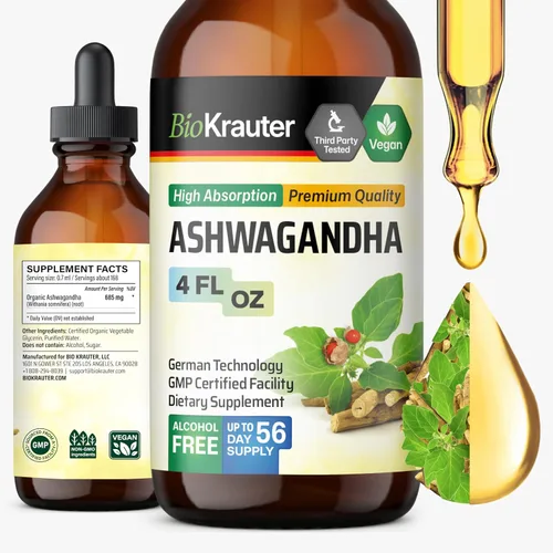 Vista 10 de BIO KRAUTER® Suplementos de Ashwagandha – Gotas líquidas pura Ashwagandha vegana para mujeres y hombres, 685 mg por porción, 2 onzas líquidas