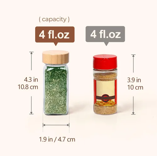 Vista 5 de ComSaf 4 onzas 6 piezas de tarros de especias de vidrio con etiqueta, recipientes de especias vacíos con tapas de bambú, recipientes de condimentos