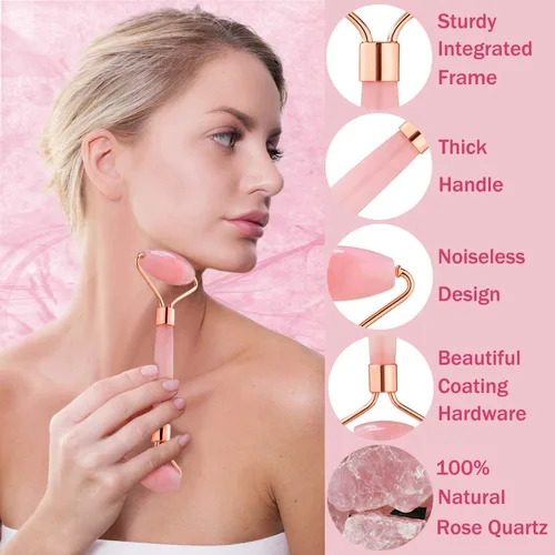 Vista 6 de Rodillo de jade para la cara - Rodillo facial de cuarzo rosa para el cuidado de la piel - Rodillo facial de piedra, masajeador facial para mujeres