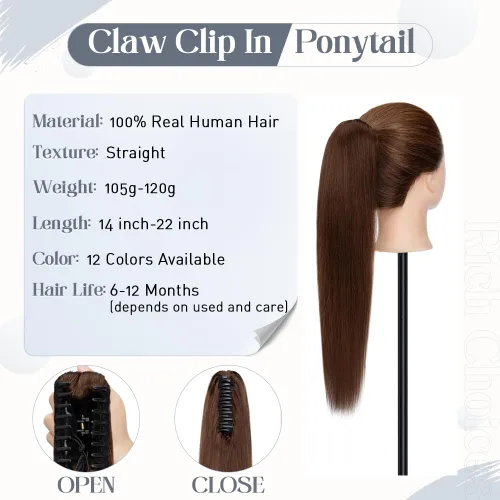 Vista 14 de Rich Choices Extensión de cola de caballo con clip de garra, cabello humano real, una pieza, extensiones de cabello largo Remy para mujer, #18P613