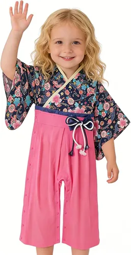Vista 6 de Traje de kimono para bebé niña, trajes japoneses de hakama, trajes de samurái para bebés