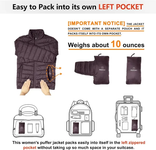 Vista 2 de Outdoor Ventures Women's Packable Full-Zip Short Puffer Jacket Insulated Quilted Warm Lightweight Winter Coat