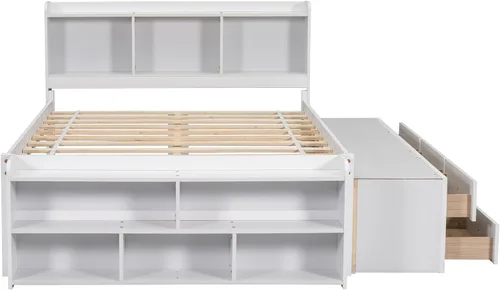 Vista 7 de HomSof Cama matrimonial con cabecero de estantería, cajones de almacenamiento debajo de la cama y estuche de almacenamiento en el extremo