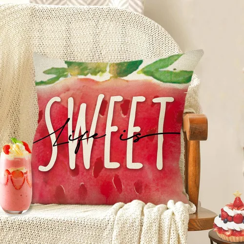 Vista 5 de Juego de 4 fundas de almohada decorativas de primavera y verano de fresa de 16 x 16 pulgadas, decoración de fundas de cojín de fruta roja dulce