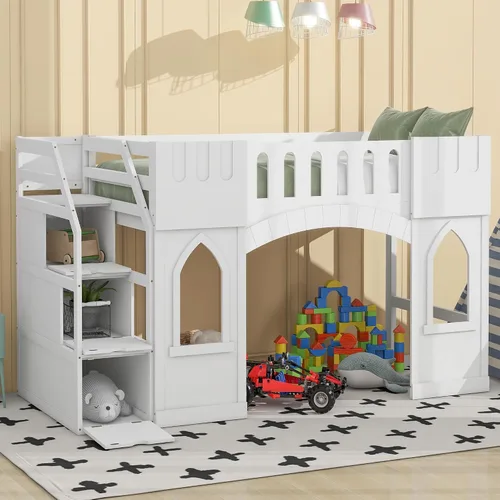 Vista 23 de Playhouse Wood Twin Size Loft Bed with Storage Staircase, Desk, Shelves