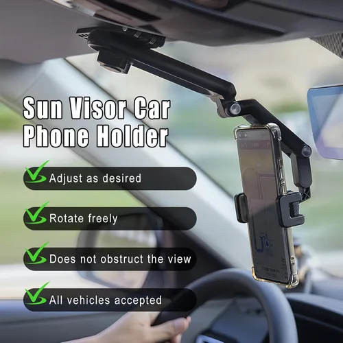 Vista 3 de Soporte de Teléfono para Parasol de Automóvil, Soporte Giratorio de Teléfono Celular con Visión Trasera de 360°, 1080 Multifunción Giratorio
