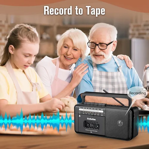 Vista 2 de Gelielim Reproductor de cinta de casete Bluetooth Boombox, reproductor de cassette radio estéreo AM/FM/SW, reproductor de cinta/grabadora