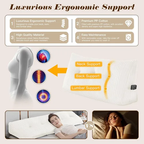 Vista 4 de Almohada Triangular Grande para Cabecera en Forma de Cuña para Descanso en Cama y Lectura; Almohada para el Respaldo con Soporte y Posicionamiento