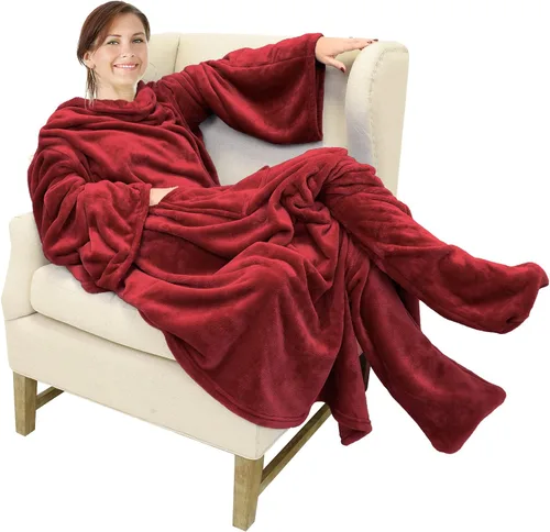 Vista 26 de Catalonia - Manta de vestir de vellón con mangas y compartimientos para los pies, para mujeres y hombres, manta de microfelpa cómoda y envolvente