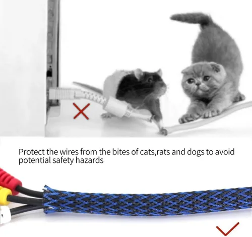 Vista 5 de Protector de cable expandible de PET negro y azul para cable de carga USB, cable de alimentación, cable de audio y video, puede proteger al perro