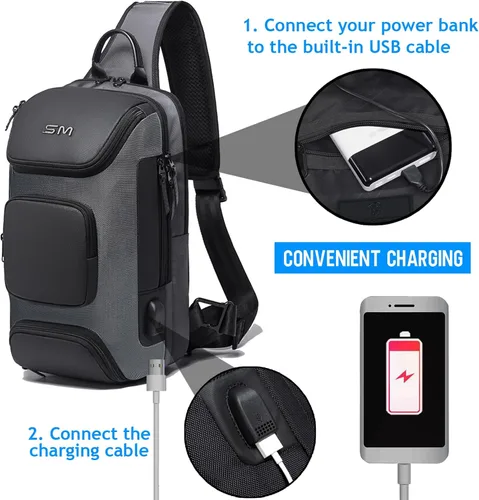Vista 7 de SMONT Bandolera cruzada para hombre, 14.2 pulgadas, antirrobo, impermeable, con puerto de carga USB