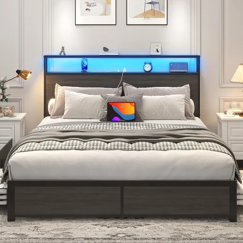 Vista 3 de Lifezone Base de cama Queen con cabecera de almacenamiento de 2 niveles, base de cama de plataforma de metal con 4 cajones de almacenamiento, gris