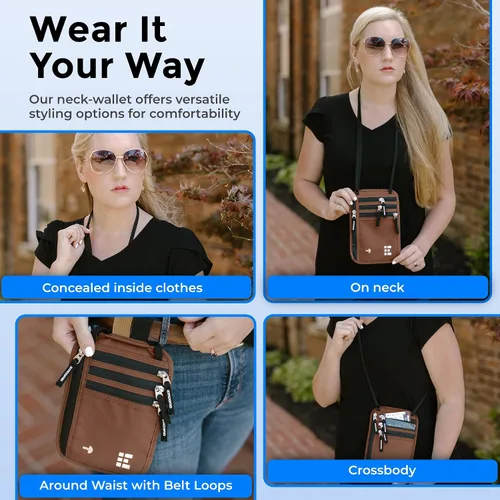 Vista 19 de Cartera para el cuello para viajes y pasaporte con bloqueo RFID, delgada y fácil de ocultar, bolsa de viaje de nailon para hombres y mujeres