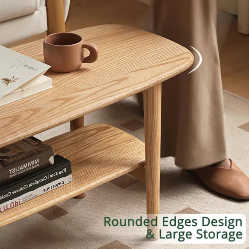 Vista 5 de Mesa de centro 100% madera de roble maciza con estante abierto, mesa de centro ovalada estrecha para espacios pequeños, sala de estar