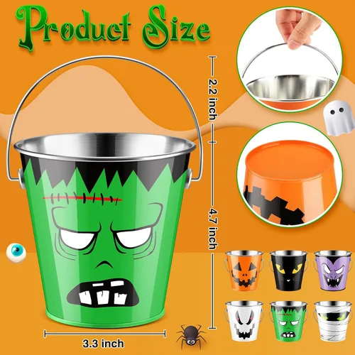 Vista 3 de Tioncy 6 cubos de calabaza de Halloween a granel de metal para trucos o golosinas, cubo de recuerdos de fiesta con asa, cubo pequeño de calabaza