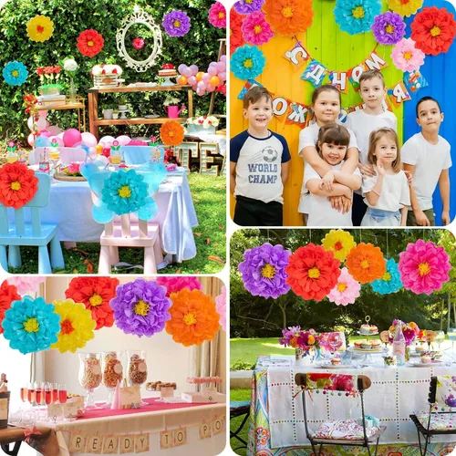 Vista 7 de 21 flores de papel mexicanas, flores de papel de fiesta, flores de tejido coloridas para carnaval, telón de fondo de fiesta, boda, fiesta