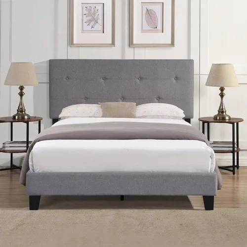 Vista 5 de Epinki Base de cama tapizada de tamaño matrimonial con cabecera moderna de tela de lino capitoné con botones, soporte de listones de madera