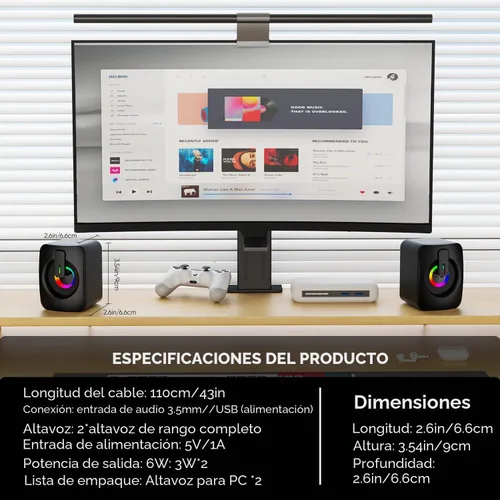 Vista 7 de MELOGAGA altavoces RGB para computadora, altavoces para PC con alimentación USB con retroiluminación LED de 7 colores, barra de sonido compacta