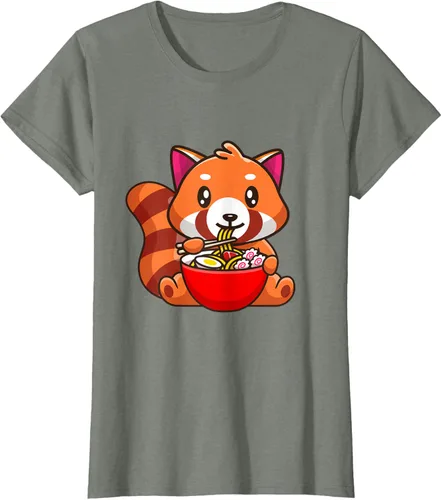 Vista 10 de Camiseta Kawaii Anime Red Panda Eating Ramen Noodles, Negro, S