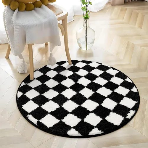 Vista 8 de Alfombras redondas a cuadros para baño, lavables a máquina, negras y blancas de 2 pies, alfombrilla de baño antideslizante y absorbente, alfombra