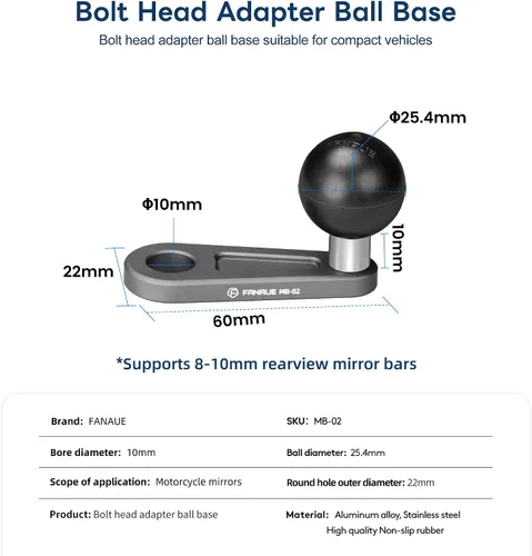 Vista 5 de FANAUE Base de bola con adaptador de cabeza de perno en ángulo de 1 pulgada con orificio de montaje de 0.394 pulgadas, cabezal de bola de aluminio