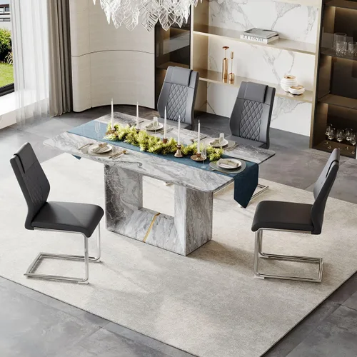 Vista 18 de Juego de mesa de comedor para 4, juego de mesa de comedor de 5 piezas con sillas, mesa moderna de mármol sintético de 63 pulgadas con 4 sillas