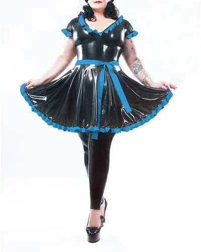 Vista 2 de Vestido sexy de sirvienta para fiesta de cosplay, de cuero de PVC brillante, de manga corta, vestido acampanado con volantes, de vinilo, de látex