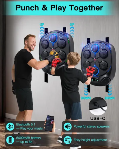 Vista 5 de shroop Máquina de boxeo musical para adultos y niños: entrenador interactivo de perforación Bluetooth montado en la pared, alta sensibilidad