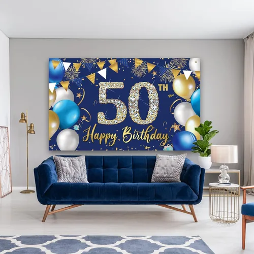 Vista 5 de Telón de fondo de decoración de cumpleaños 50 para hombres, decoraciones de feliz cumpleaños 50 para hombres, fondo azul para fotografía