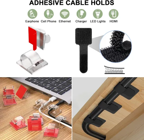 Vista 5 de Kit organizador de cables de 48 piezas, bridas de silicona reutilizables, clips adhesivos fuertes para gestión de cables, gestión de cables