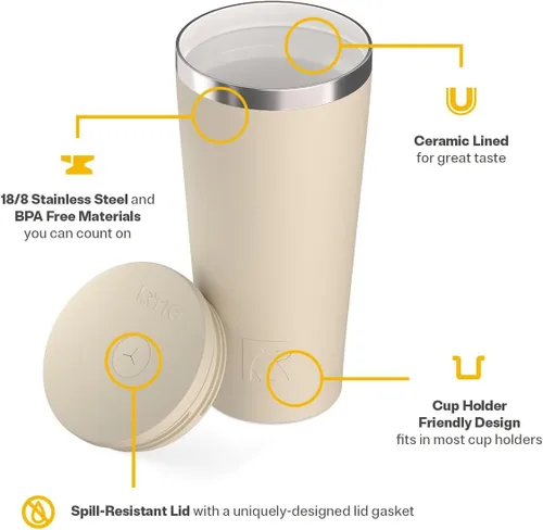 Vista 3 de RTIC Vaso Térmico Diario de 20 onzas de Acero Inoxidable Portátil con Aislamiento, Taza de Café de Viaje con Pajita, Forro de Cerámica, Tapa