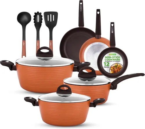 Vista 9 de NutriChef Juego de utensilios de cocina antiadherentes de 12 piezas, sin PFOA/PFOS, resistente al calor, juego de ollas y sartenes de cocina Azul