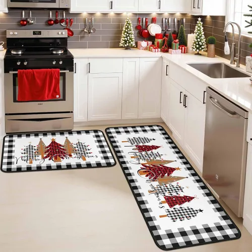 Vista 10 de Juego de 2 alfombras y tapetes de cocina navideños de muñeco de nieve negro y copo de nieve, decoración del hogar de invierno, tapete de piso