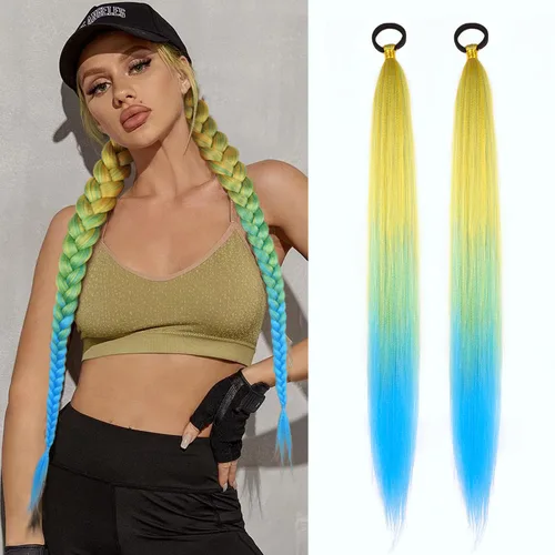 Vista 18 de Paquete de 2 extensiones de cola de caballo trenzada con lazo elástico, lacio, elegante envolvente, extensiones de cola de caballo de 26 pulgadas