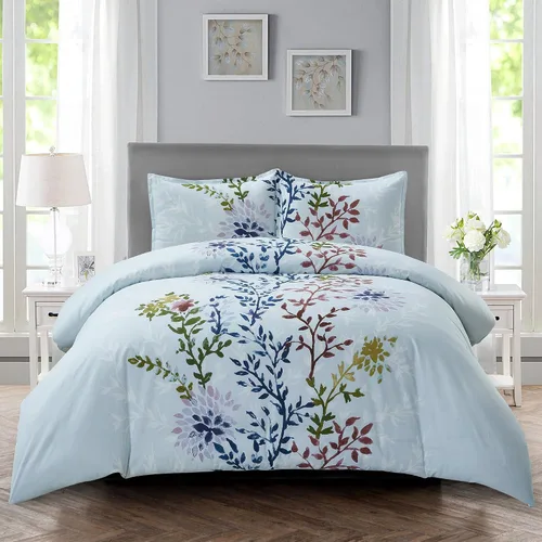 Vista 13 de Style Quarters Dahlia Lane - Juego de funda de edredón de 3 piezas, tallos florales multicolor con siluetas de hojas blancas, 100% algodón, lavable
