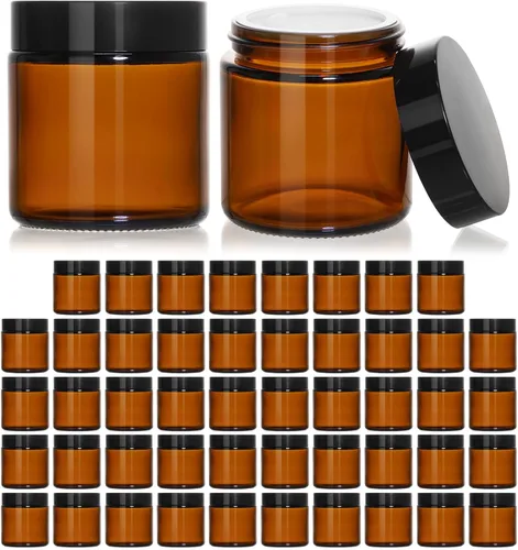 Vista 12 de KEYWING Tarros de vidrio pequeños de 2 onzas con tapas negras, paquete de 48 frascos cosméticos de vidrio ámbar, recipiente redondo vacío de muestra
