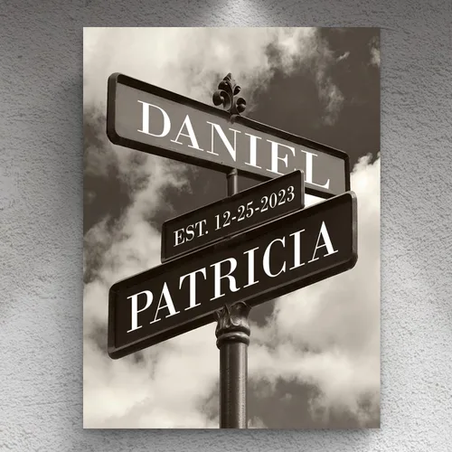 Vista 9 de Cartel de calle vintage de lienzo personalizado para parejas, cartel de cruce de caminos con nombre personalizado, el mejor regalo para parejas