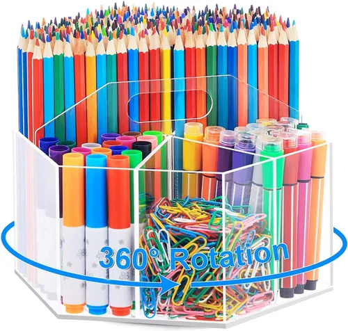 Vista 2 de OIF Organizador de lápices de acrílico, soporte giratorio de 360 grados con 6 compartimentos, organizador de lápices para niños, organizador