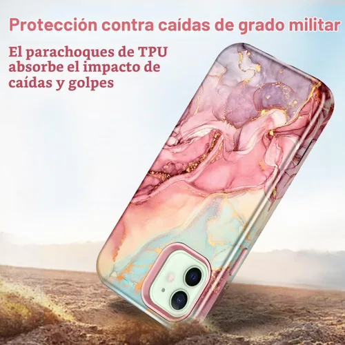 Vista 3 de Btscase para iPhone 12/iPhone 12 Pro, funda resistente de tres capas de mármol a prueba de golpes, cuerpo completo, PC duro + parachoques de TPU