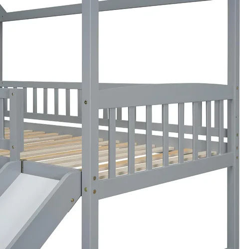 Vista 9 de Harper & Bright Designs Litera de madera maciza con tobogán, cama individual sobre cama matrimonial con escaleras de almacenamiento, litera