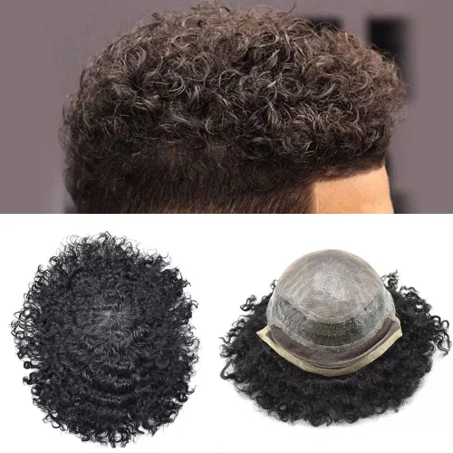 Vista 3 de Unidad rizada afro para hombres negros, afroamericano brasileño tupé para hombres, piezas de cabello para hombre, sistema de reemplazo de tupé