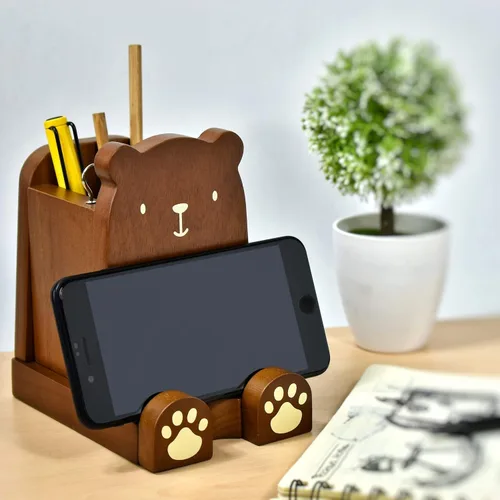 Vista 8 de I'm - Soporte multiusos de madera para lentes, teléfono, pluma y lápiz, accesorios de escritorio, decoración de escritorio, hogar, oficina Oso