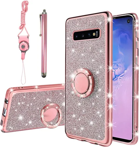 Vista 10 de Funda para Samsung Galaxy S10, Galaxy S10 2019 para mujer con purpurina de cristal suave TPU transparente con correa de pie de apoyo