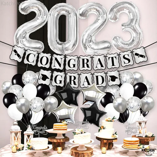 Vista 7 de KatchOn, Decoraciones de fiesta de graduación plateadas 2023 – Gaint de 40 pulgadas, paquete de 43 Cartel de graduación de felicitaciones