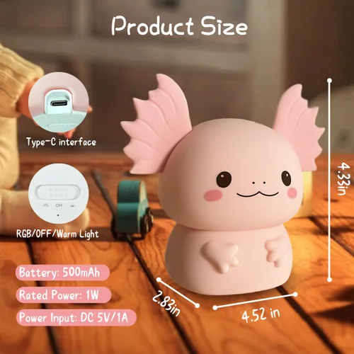 Vista 7 de Regalos de Axolotl Luz Nocturna para Niños, Bonita Lámpara de Axolotl de Silicona para Bebé y Niño Pequeño, Luz Nocturna de Animales para Niños
