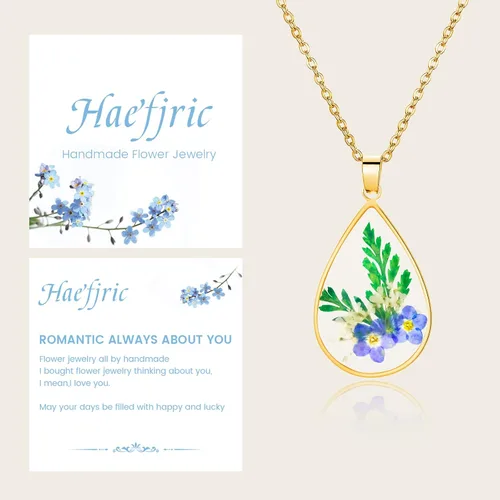 Vista 51 de Collar de flores silvestres prensadas con encaje de Forget-Me-Not y Queen Anne Collar de flores prensadas de oro Collares hechos a mano
