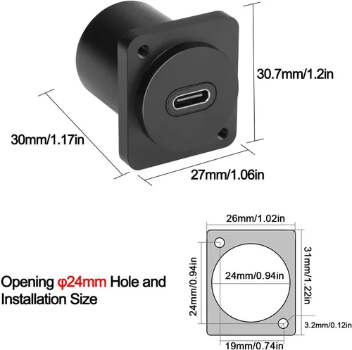 Vista 6 de QIANRENON Adaptador de montaje en panel USB-C a USB-C de 10 Gbps, conector recto tipo C 3.1 hembra a hembra, carga de 100 W, carcasa de aleación