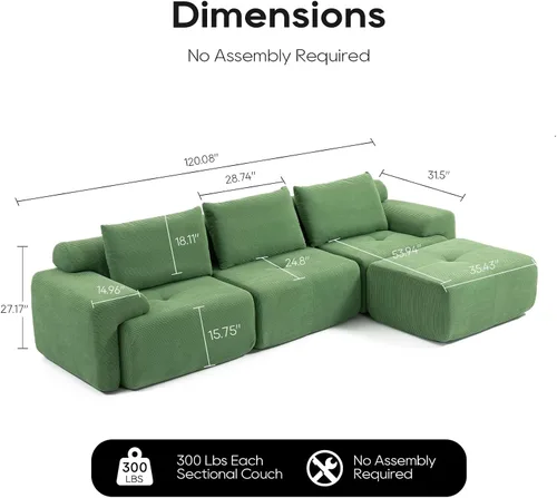 Vista 3 de L-Shaped Sectional Couches for Living Room with Memory Foam & Steel Frame - No Assembly Convertible Sofa Bed, Corduroy Fabric Compression Sofa Green