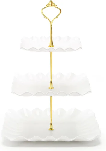 Vista 8 de Coitak Soporte para cupcakes de 3 niveles, soporte de plástico escalonado, bandeja cuadrada para postres para fiestas de té, cumpleaños y bodas