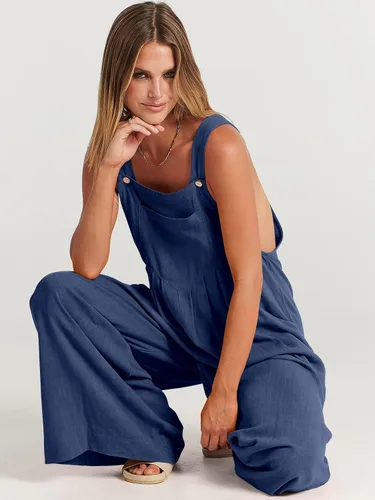 Vista 4 de ANRABESS - Overol de verano para mujer, diseño de lino informal de pierna ancha, sin mangas, con tirantes